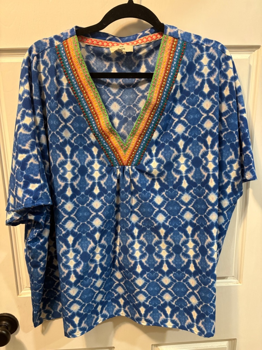 Entro Blue Tie-Dye V-Neck Tunic with Rainbow Trim